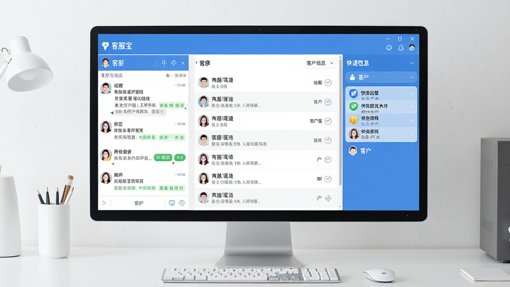 一张展示“客服宝”软件主界面的高清截图,背景是简洁的办公桌面,屏幕中央显示多平台消息聚合列表,左侧是客服会话窗口,右侧有快捷回复和客户信息面板,整体风格现代扁平,蓝色主色调,画面干净无多余元素。