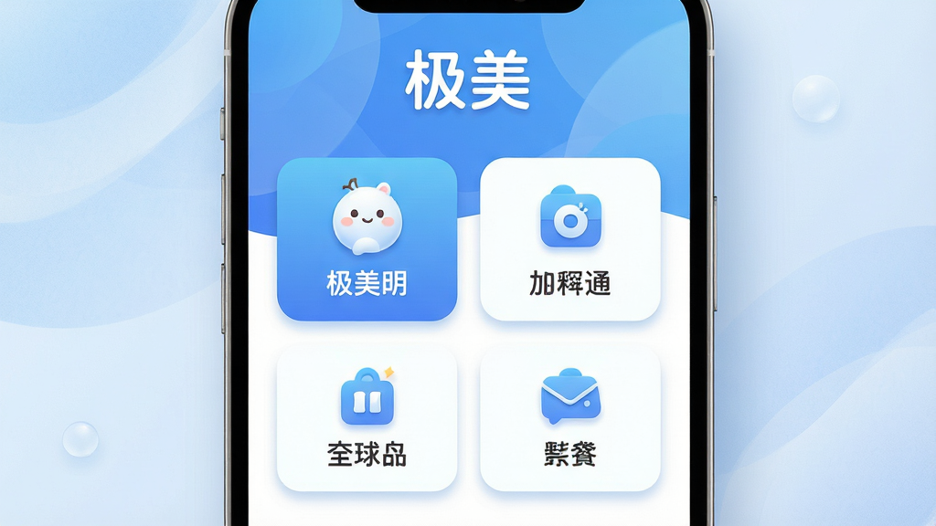主体:一款名为“极美”的手机应用界面,占据画面中心,界面风格简洁现代,以蓝白渐变为主色调,图标设计圆润可爱。布局:应用主界面展示核心功能模块,上方显示“极美”品牌标识,下方排列着几个主要功能按钮,整体排列整齐有序。排版:界面布局清晰,功能分区明确,文字标签醒目,按钮间距适中,便于操作。风格:扁平化设计,色彩清新明亮,符合现代审美,整体视觉统一。细节:界面细节精致,图标有轻微阴影效果,背景有微妙的纹理渐变,画质干净,无多余元素。画质:高清渲染,色彩准确,光影自然,整体画面通透干净,无多余元素。