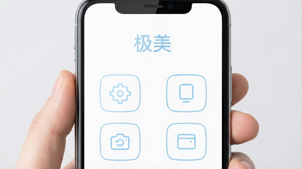 主体:一部智能手机手持界面,屏幕中显示“极美”应用的极简主界面,背景为纯白色,功能图标采用淡蓝色线条风格。布局:手机位于画面中央,屏幕内容清晰可见,主界面顶部有“极美”文字标识,下方排列着几个圆角方形的功能图标,整体布局简洁。排版:界面元素间距均匀,文字与图标对齐整齐,无多余装饰元素。风格:扁平化设计,配色以白色和淡蓝为主,风格干净简约,符合极简主义审美。细节:屏幕反射轻微光线,手机边框圆润,背景为浅灰色,突出屏幕内容,画质干净,无多余元素。画质:高清细节,色彩柔和,光线均匀,画面通透干净。