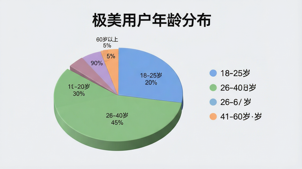主体:一张饼状图,展示“极美”应用用户年龄分布,18-25岁占20%,26-40岁占45%,41-60岁占30%,60岁以上占5%。布局:饼状图位于画面中心,旁边有图例说明,标题为“极美用户年龄分布”,整体布局清晰。排版:饼状图色彩分明,每个扇区有对应百分比标签,图例排列整齐,标题醒目。风格:现代商务图表风格,配色柔和,背景为浅灰色,突出图表内容。细节:每个扇区有细微的立体效果,图例文字清晰,画质干净,无多余元素。画质:高清渲染,色彩准确,图表数据清晰易读,整体画面干净专业。