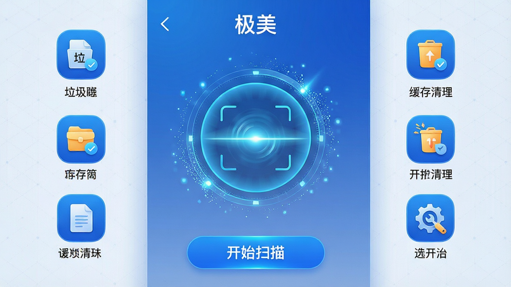 主体:“极美”应用的智能扫描加速功能界面,屏幕中央显示一个圆形扫描动画,周围分布着垃圾文件、缓存清理等图标。布局:界面以扫描动画为中心,四周环绕着几个功能模块图标,每个图标下方有对应文字标签,整体布局平衡。排版:功能图标排列有序,扫描动画醒目,文字说明清晰,界面下方有“开始扫描”按钮。风格:科技感与现代感结合,主色调为蓝色系,扫描动画带有动态光效,风格时尚。细节:扫描动画有细致的粒子效果,图标设计精致,背景有淡淡的网格纹理,画质干净,无多余元素。画质:高清渲染,动态效果流畅,色彩鲜明,整体画面干净利落。