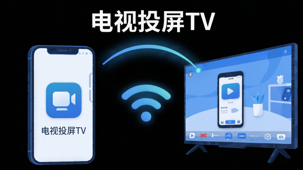 画面主体为一部智能手机和一台智能电视,手机屏幕上显示“电视投屏TV”的应用图标,电视屏幕上展示着手机上的视频画面,两者之间有一条发光的无线连接弧线。布局:手机在左、电视在右,中间以动态WiFi符号连接。排版:图标醒目,标题“电视投屏TV”居中显示。风格:现代扁平化插画,蓝白主色调,细节圆润。画质:高清,干净无多余元素。