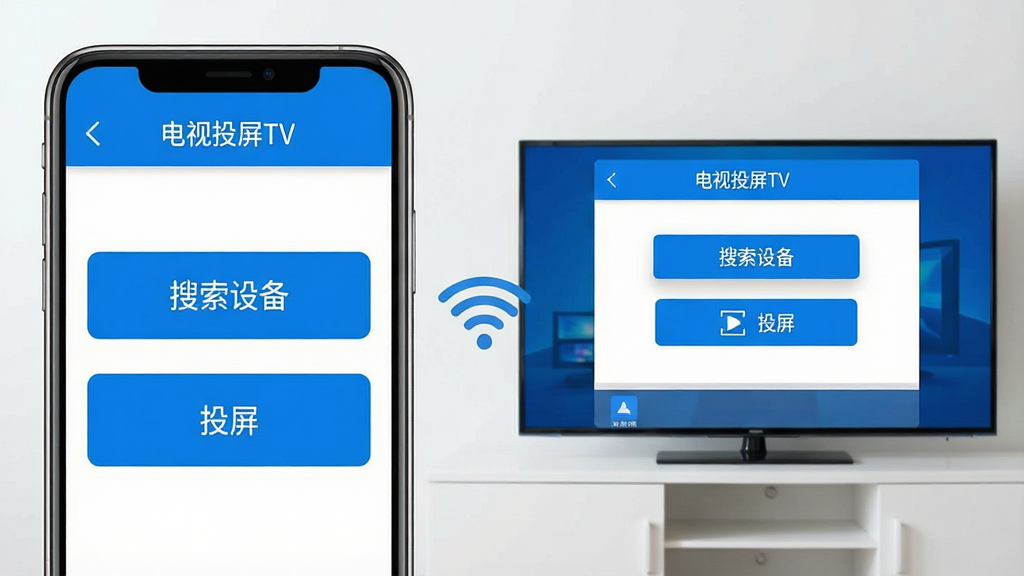 画面主体为手机投屏到电视的界面截图,手机界面显示“电视投屏TV”的简洁主界面,包含“搜索设备”和“投屏”两个大按钮,电视上显示同样的界面。布局:手机界面占据左侧,电视界面占据右侧,中间有无线信号图标连接。排版:界面文字清晰,按钮醒目。风格:扁平化UI设计,蓝白配色,界面干净无广告。画质:高清,细节精致,无多余元素。