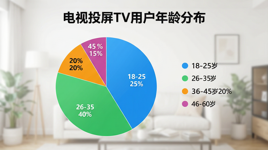 画面主体为一张饼状图,展示使用“电视投屏TV”的用户年龄分布:18-25岁占25%,26-35岁占40%,36-45岁占20%,46-60岁占15%。布局:饼状图居中,图例在右侧。排版:标题“电视投屏TV用户年龄分布”清晰可见。风格:现代数据可视化风格,色彩明快,简洁大方。画质:高清,干净无多余元素。