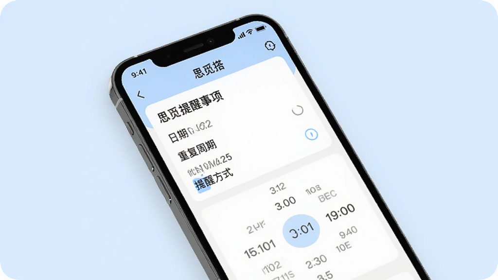 一张展示“思觅搭”APP智能提醒功能的图片,画面中手机屏幕显示一个提醒事项的编辑界面,有标题、日期、重复周期和提醒方式选项,界面简洁,时间选择器清晰可见,背景为淡蓝色,风格写实,画质干净。