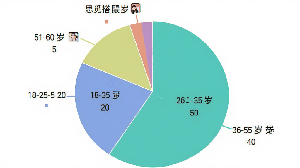 一个饼状图,展示“思觅搭”用户年龄分布,18-25岁占20%,26-35岁占45%,36-50岁占30%,51-60岁占5%,图表配色清新,标注清晰,背景白色,画质干净。