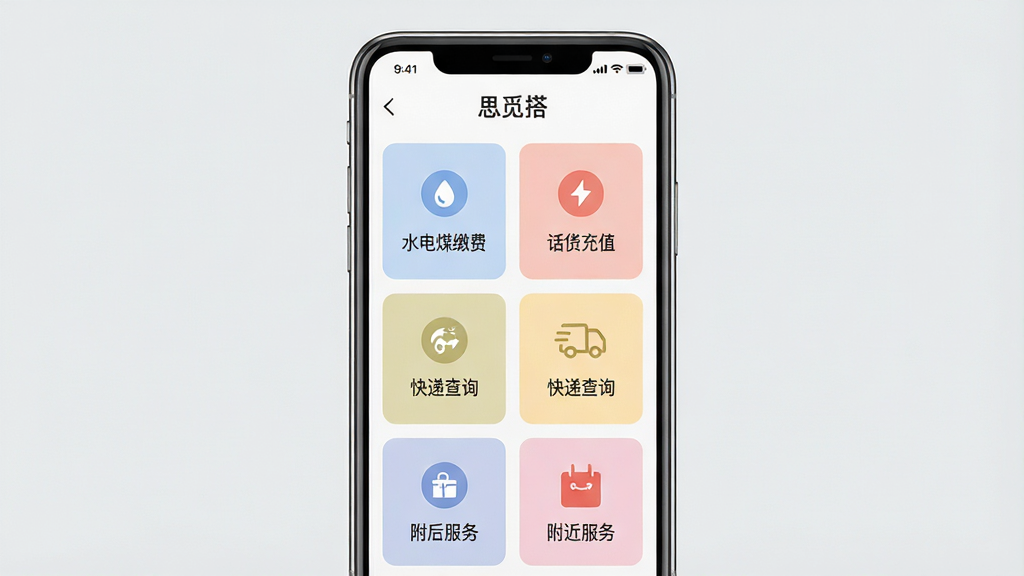 一张展示“思觅搭”APP生活服务聚合页面的图片,画面中央是手机屏幕,屏幕内整齐排列着水电煤缴费、话费充值、快递查询、附近服务等多个功能卡片,卡片色彩柔和,图标清晰,背景为浅灰色,整体排版整洁,风格扁平化,画质干净无多余元素。