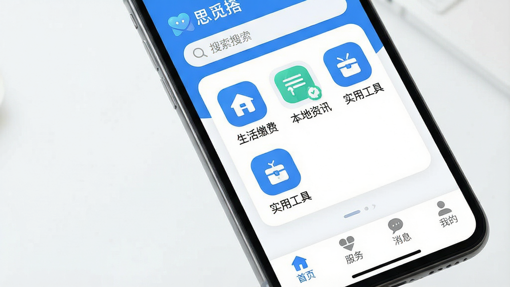 一张展示智能手机屏幕的图片,屏幕中清晰显示“思觅搭”APP的主界面,界面风格简洁现代,以蓝白为主色调,顶部有搜索栏,中间有生活缴费、本地资讯、实用工具等圆角图标,底部导航栏有首页、服务、消息、我的四个选项,整体布局清晰,画质干净,无多余元素。
