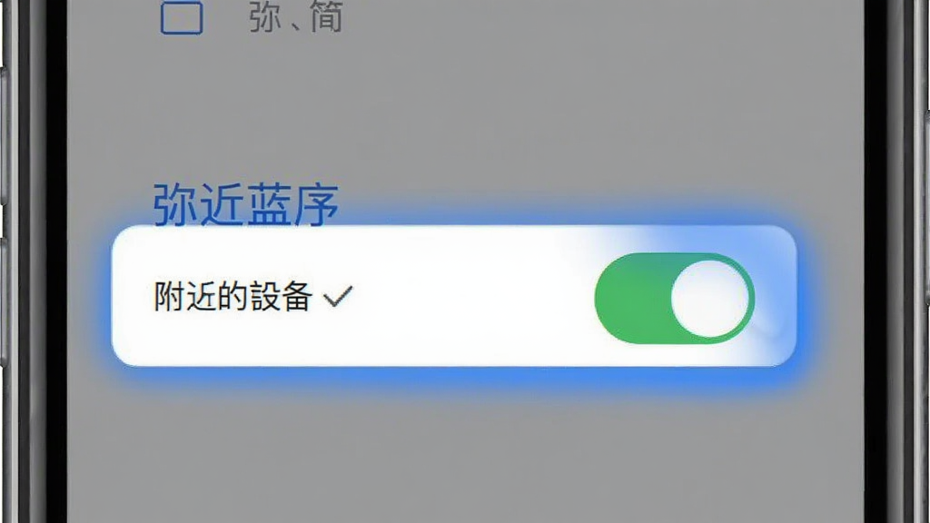 弥络蓝序的权限设置界面示意图,手机屏幕内显示“附近的设备”权限开关为开启状态,背景有蓝色高亮指示,布局居中,排版简洁,风格现代,细节有勾选图标,画质干净无多余元素