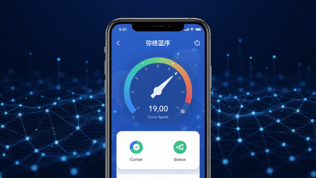 图片展示弥络蓝序软件主界面,背景是深蓝色科技感网络波纹,主视觉为手机屏幕,屏幕内显示网络测速仪表盘和连接状态图标,布局居中,排版简洁,现代扁平化风格,细节有微光效,画质干净无多余元素