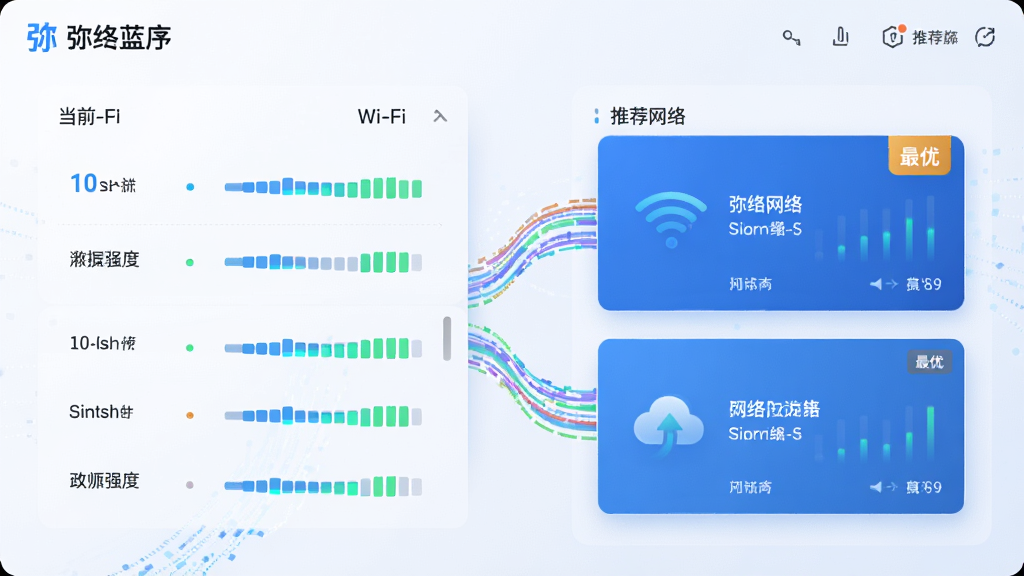 弥络蓝序的智能网络优选功能界面,左侧显示当前Wi-Fi列表及信号强度柱状图,右侧显示推荐网络卡片,卡片上标注“最优”字样,布局左右对称,排版清晰,风格科技感,细节有数据流线条,画质干净无多余元素
