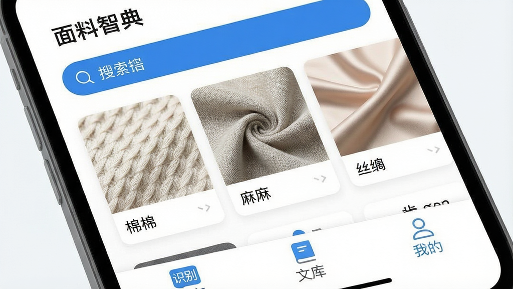 一张手机屏幕的特写,屏幕上清晰显示“面料智典”APP的主界面,界面以简洁的白色和蓝色为主,顶部有搜索栏,中间展示几种常见面料的卡片,如棉、麻、丝绸,卡片上有面料纹理特写,底部有“识别”、“文库”、“我的”三个标签,整体风格扁平现代,画质干净,无多余元素。