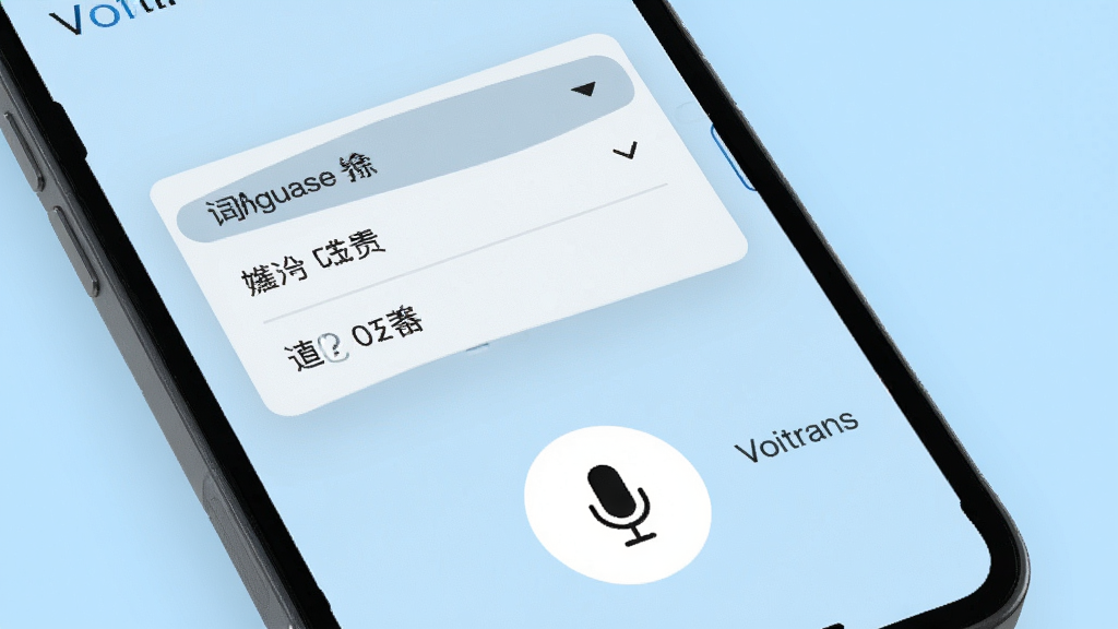 一张展示Voitrans极简界面的图片,主体是手机屏幕特写,屏幕中显示语言选择下拉菜单和醒目的麦克风按钮,背景是纯净的浅蓝色,界面排版大气,风格简约,细节清晰,画质干净无多余元素