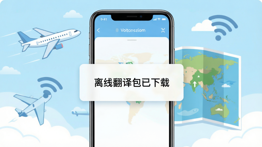 一张展示Voitrans离线翻译功能的图片,主体是手机屏幕,屏幕显示“离线翻译包已下载”的提示框,背景是飞机和地图的插画,布局居中,风格清新,细节有云朵和Wi-Fi图标,画质干净无多余元素
