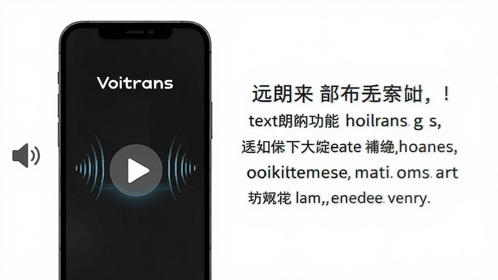 一张展示Voitrans文本朗读功能的图片,主体是手机屏幕,屏幕内有一个播放按钮和音波动画,旁边有中文和英文对照文本,布局简洁,风格科技感,细节有扬声器图标,画质干净无多余元素