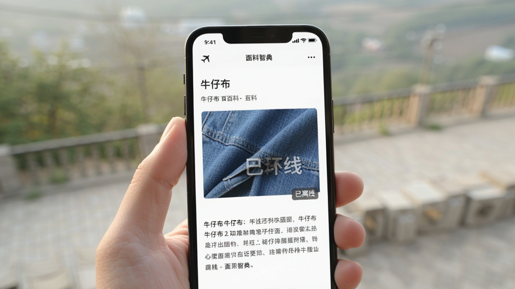 手机处于飞行模式,但屏幕上的“面料智典”APP界面仍然可以正常打开,显示一篇关于“牛仔布”的百科文章,文章中有面料图片和文字说明,图片下方有“已离线”的小标签,背景是户外光线明亮的场景,画质干净。