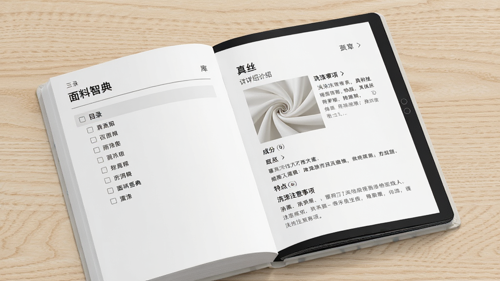 一本打开的电子书页面,页面上显示“面料智典”的文库界面,左边是目录列表,右边是“真丝”的详细介绍,包括图片、成分、特点、洗涤注意事项,排版清晰,背景是淡雅的木纹桌面,整体风格简约,画质干净。