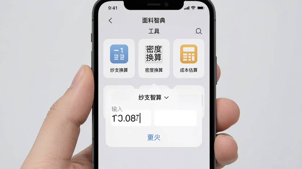 手机屏幕显示“面料智典”的“工具”页面,有“纱支换算”、“密度换算”、“成本估算”等几个模块图标,点击“纱支换算”弹出一个输入框,界面简洁,数字清晰,背景是柔和的浅灰色,整体风格简洁实用,画质干净。