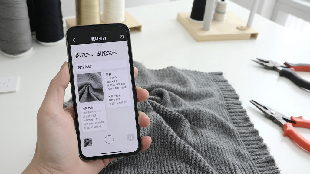 手持手机拍摄一块灰色针织面料的场景,手机屏幕显示“面料智典”的识别结果页面,上面列出“棉70%、涤纶30%”的字样,并配有面料名称和详细的特性说明卡片,背景是整洁的工作台,画面明亮清晰,风格写实,画质干净。