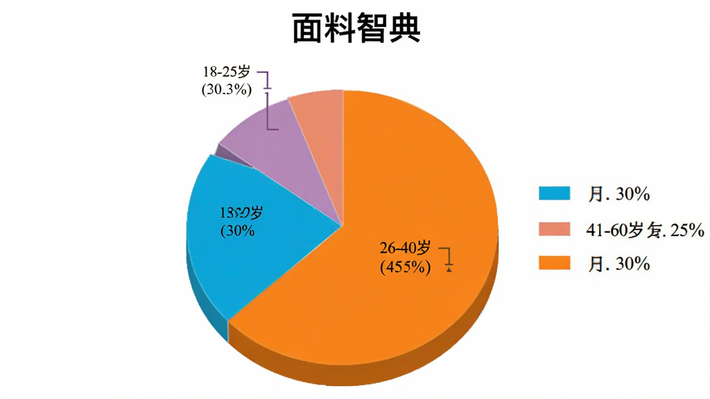 饼状图,展示“面料智典”用户年龄分布,18-25岁占30%,26-40岁占45%,41-60岁占25%,颜色鲜艳,有图例和百分比标注,背景为白色,画质干净。