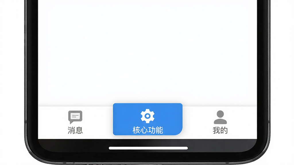 美蒂国际操作界面,手机屏幕显示底部导航栏,三个主要按钮分别标记“消息”、“核心功能”、“我的”,中间按钮突出显示,整体UI简洁直观,背景为纯白色,扁平化风格,画质干净,无多余元素。