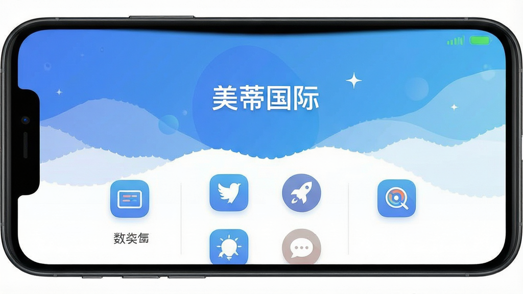 美蒂国际app主界面展示,手机屏幕中央显示软件名称“美蒂国际”,下方排列着整齐的功能图标,背景为简约的蓝白渐变,整体风格现代扁平,画质干净,无多余元素。