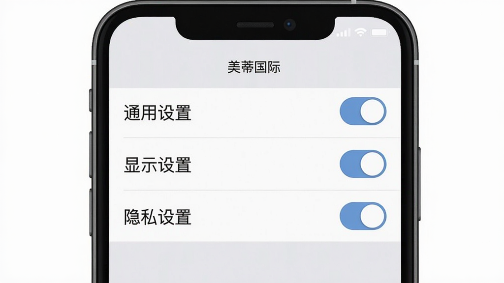 美蒂国际设置页面,手机屏幕显示“通用设置”、“显示设置”、“隐私设置”等选项列表,每个选项右侧有开关按钮,背景为浅灰色,界面整洁,扁平化设计,画质干净,无多余元素。