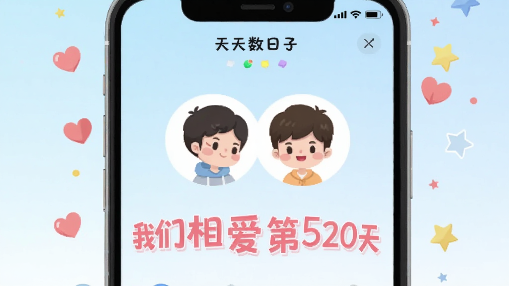 画面中央展示一款名为“天天数日子”的手机应用界面,主屏幕显示两个卡通情侣头像和“我们相爱第520天”的粉色大字,背景是淡蓝色渐变,四周漂浮着爱心和星星图标,UI设计简洁清新,扁平化风格,画质干净无多余元素。