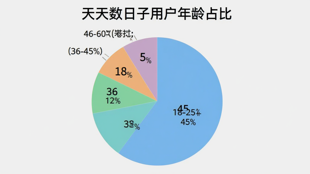 饼状图展示“天天数日子”用户年龄分布,18-25岁占45%,26-35岁占38%,36-45岁占12%,46-60岁占5%,图表配色清新,标题“天天数日子用户年龄占比”,背景为浅灰色,画质干净无多余元素。