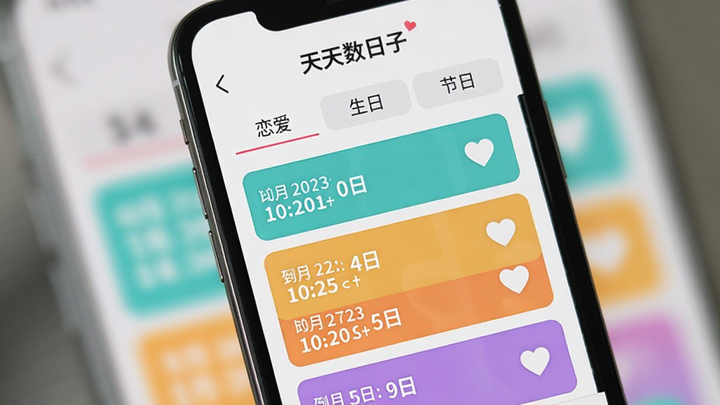 一部智能手机屏幕特写,“天天数日子”应用内展示分类列表,顶部有“恋爱”、“生日”、“节日”三个标签页,下方是彩色卡片式条目,每条显示日期倒计时和心形图标,背景虚化,整体布局整齐,现代扁平风格,画质干净无多余元素。