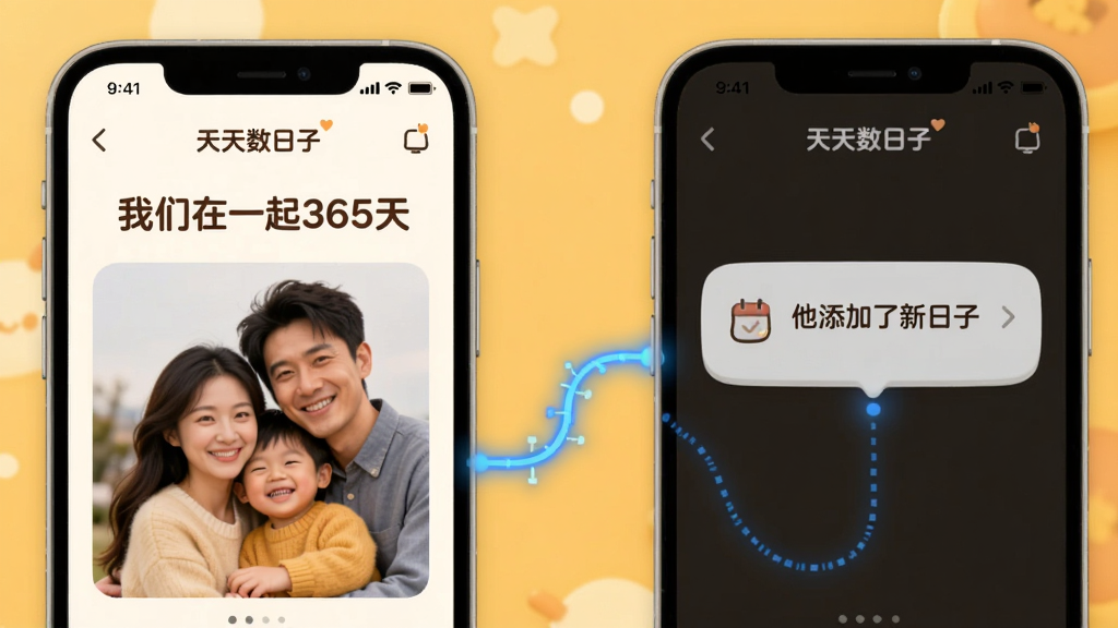 两个手机屏幕并排展示“天天数日子”的共享界面,左屏显示“我们在一起365天”和一张合照,右屏显示同步提醒“他添加了新日子”,两屏之间有蓝色的数据连接线,背景为温馨的暖黄色,UI风格圆润可爱,画质干净。