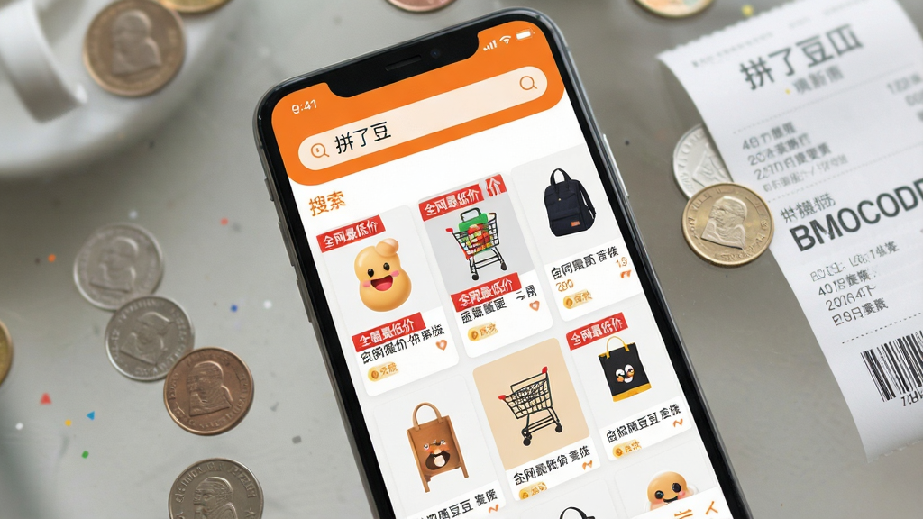 一张手机屏幕的俯视图,屏幕中央显示“拼了豆”APP主界面,界面风格简洁明亮,顶部搜索框,下方商品瀑布流,商品图片上标有“全网最低价”红色标签,整体色调以橙色和白色为主,手机旁散落着几枚硬币和一张购物小票,背景虚化,画质干净无多余元素。