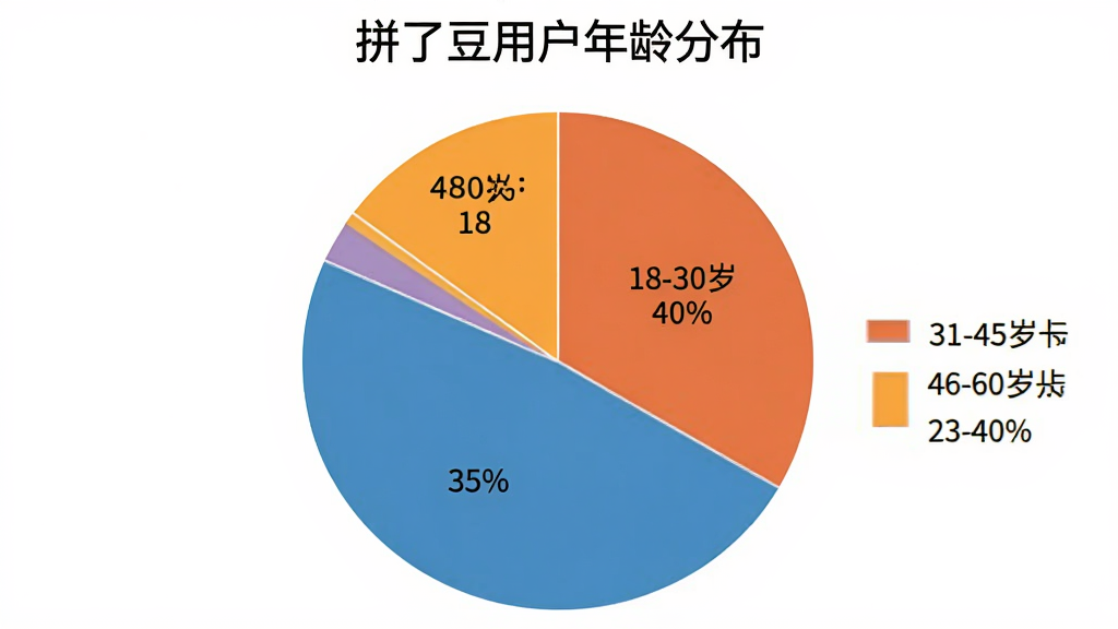 一张饼状图,标题为“拼了豆用户年龄分布”,图中显示18-30岁占40%,31-45岁占35%,46-60岁占25%,每个扇区用不同颜色区分,图例清晰,背景为纯白色,画质干净无多余元素。