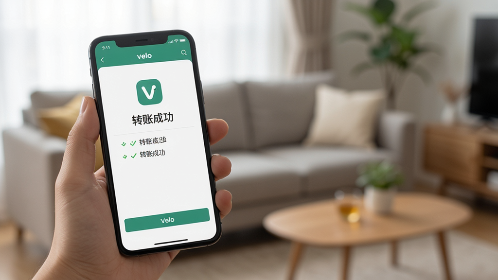 չʾVeloӦ�����ֻ��ϵ�ʹ�ó�����һֻ�������ֻ�����Ļ��ʾת�˳ɹ�ҳ�棬������ģ���Ŀ���������������ͣ�����������ͻ���ֻ���Ļ�ϵġ�ת�˳ɹ���������Veloͼ�꣬������дʵ�����ʸɾ��޶���Ԫ�ء�