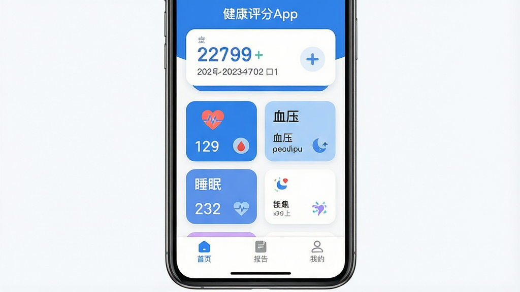 һ��չʾ�������ֽ���App������ĸ����ͼ���ֻ���Ļ���У�����������Ϊ��ɫ����������ʾ�������ֺ����ڣ��в��������ʡ�Ѫѹ��˯�ߵ����ݿ�Ƭ���ײ�������������ע��ҳ�����桢�ҵģ��������Լ�ִ�����ƽ����ƣ�ϸ��Բ�󣬻��ʸɾ��޶���Ԫ��