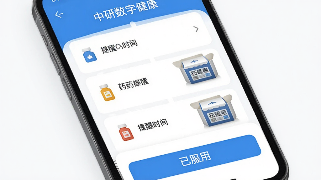 �������ֽ���App����ҩ���ѽ��棬�ֻ���Ļ��ʾҩƷ�б�������ʱ�䣬ÿ��ҩƷ��Сͼ���ҩ����Ƭ���ײ��С��ѷ��á���ť��������ˬ��������ɫ����ƽ����ƣ�ϸ�����������ʸɾ��޶���Ԫ��