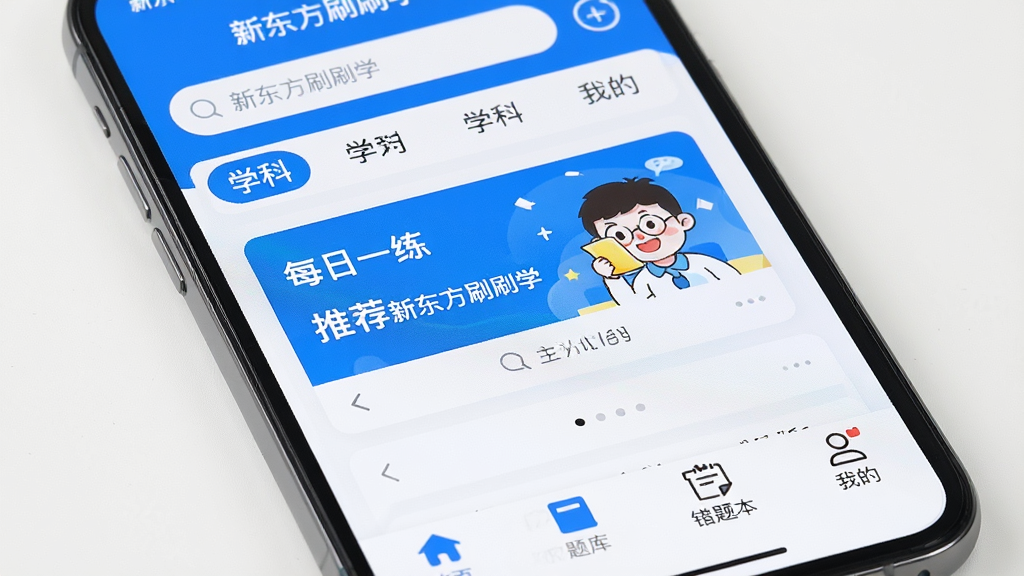 һ���ֻ���Ļ��д����Ļռ�ݻ������壬��ʾ���¶���ˢˢѧ��App����ҳ���棬����������ˬ��������Ϊ��ɫ�����������������ѧ�Ʒ����ǩ���м��ǡ�ÿ��һ�������Ƽ���Ƭ���ײ�����ҳ����⡢���Ȿ���ҵ��ĸ�ѡ�������ɾ��������޶���Ԫ�أ����廭�ʣ�ͻ���������ơ��¶���ˢˢѧ��
