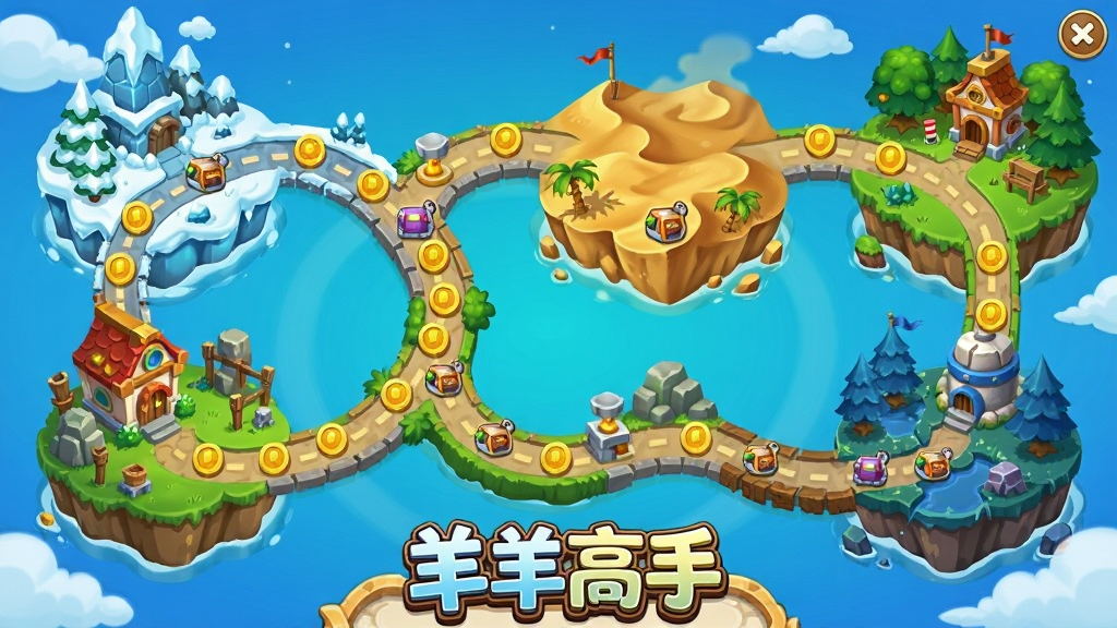 һ��չ����Ϸ�ḻ�ؿ��ĵ�ͼѡ����棬��������һ�����ѵĿ�ͨ��·�������Ų�ͬ����С����ÿ��С�����ж��صĽ�����װ�Σ���ѩ�ء�ɳĮ��ɭ�ֵȣ���·���н�Һ͵���ͼ�꣬��Ϸ���⡰������֡�λ�ڽ���ײ������岼�ֳ�ˮƽչ���������ã�ϸ�ڷḻ�������������޶���Ԫ�ء�