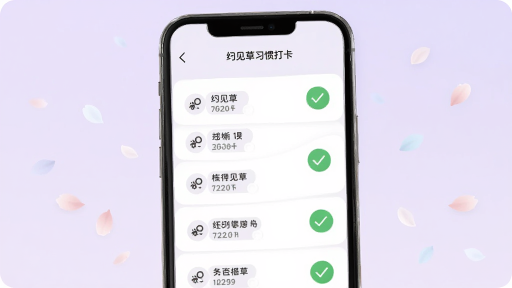 �¼���ϰ�ߴ򿨽��棬�������ֻ���Ļ���������б���ʽչʾ���ϰ����Ŀ��ÿ����Ŀ�Ҳ���Բ�δ򿨰�ť�����м�������ʾ��ɫ�Թ�������Լ�������ǵ���ɫ���䣬ϸ����΢С�Ļ��궯��Ԫ�أ����ʸɾ��޶���Ԫ�ء�