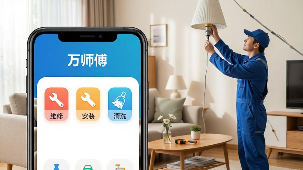 一张展示“万师傅”App核心功能的宣传图,画面中央是手机界面特写,界面顶部显示“万师傅”字样,下方有“维修”“安装”“清洗”等分类图标,背景是温馨的客厅场景,有沙发、茶几,一位穿蓝色工服的师傅正在修理灯具,画面清晰明亮,风格写实,细节丰富,画质干净无多余元素。