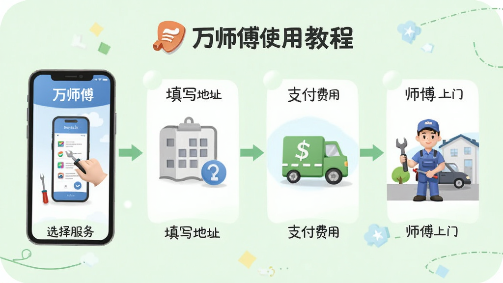 一张“万师傅”App使用教程的插图,画面展示手机预约维修的流程,从选择服务、填写地址、支付费用到师傅上门,用步骤图的形式呈现,背景为淡绿色,风格简洁明快,画质干净无多余元素。