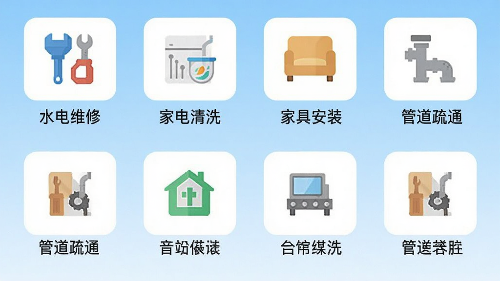 一张“万师傅”App服务分类的截图,手机屏幕上整齐排列着各类服务图标,包括“水电维修”、“家电清洗”、“家具安装”、“管道疏通”等,每个图标下都有对应文字,界面简洁清晰,背景为浅蓝色渐变,整体风格扁平化,画质干净无多余元素。