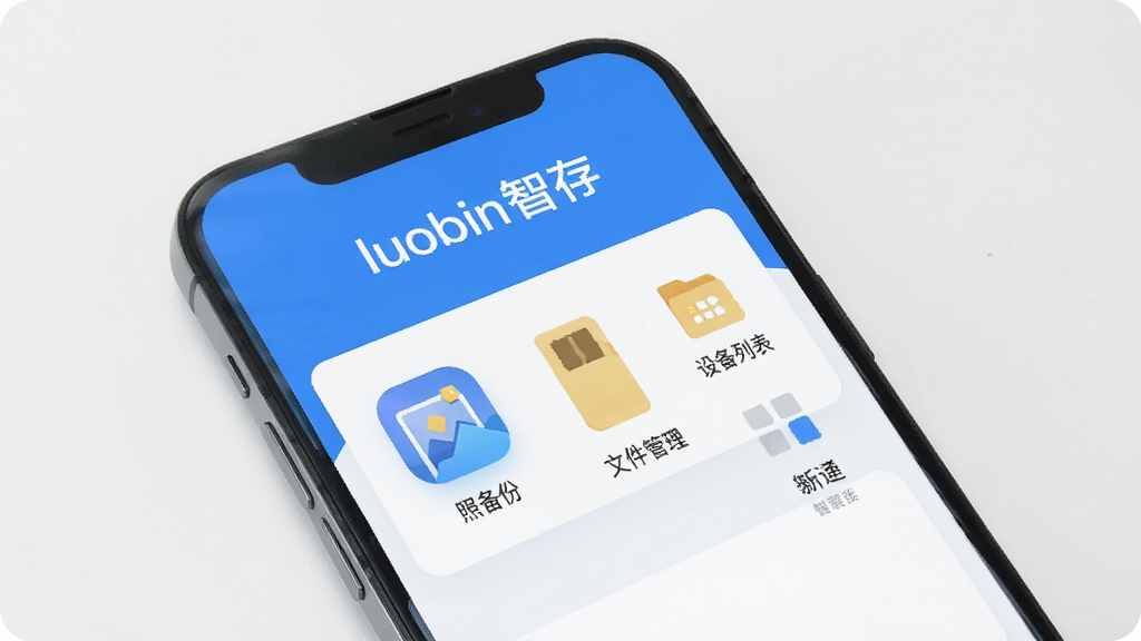 һ�������ֻ���Ļչʾluobin�Ǵ�Ӧ�õ������棬�������ִ�������ɫ�Ͱ�ɫΪ��ɫ����������ʾ��luobin�Ǵ桱�������·��Ǽ�������ͼ�꣬����Ƭ���ݡ��ļ��������豸�б�������Ϊ�ɾ���ǳ��ɫ�����廭���������޶���Ԫ��