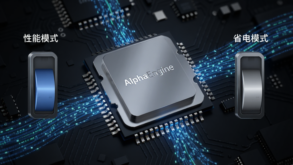 һ��չʾCPU���ܵ��ȵĸ���ͼ��������һ��оƬģ�ͣ���Χ�����š�����ģʽ���͡�ʡ��ģʽ�����л����أ���������ɫ��·��������������ɫ������������Ч��������Ƽ���ʮ�㣬����������ͻ����AlphaEngine�������ܵ��ȹ��ܡ�