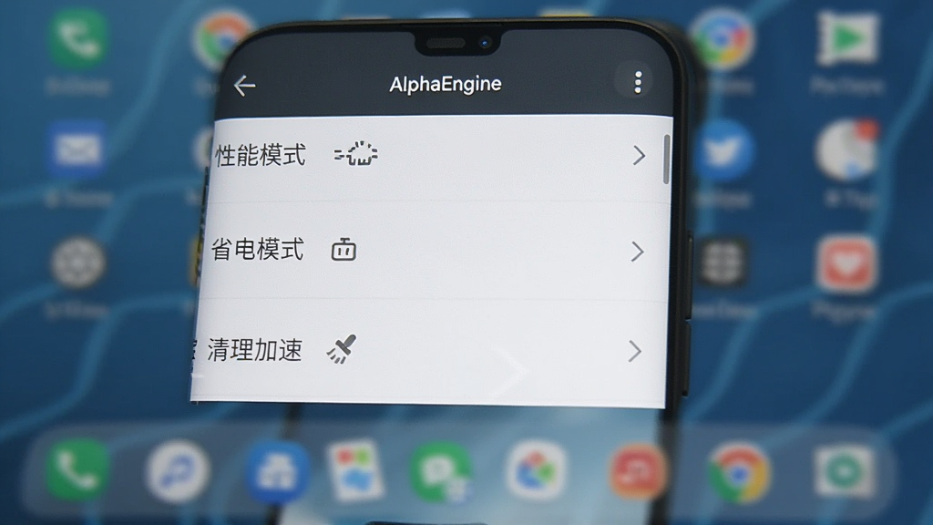 һ���ֻ���ͼ����ʾ��AlphaEngine�������ý��棬����������ģʽ������ʡ��ģʽ�������������١���ѡ�������ģ�������棬���������ˣ�����ƽ�����ʸɾ���