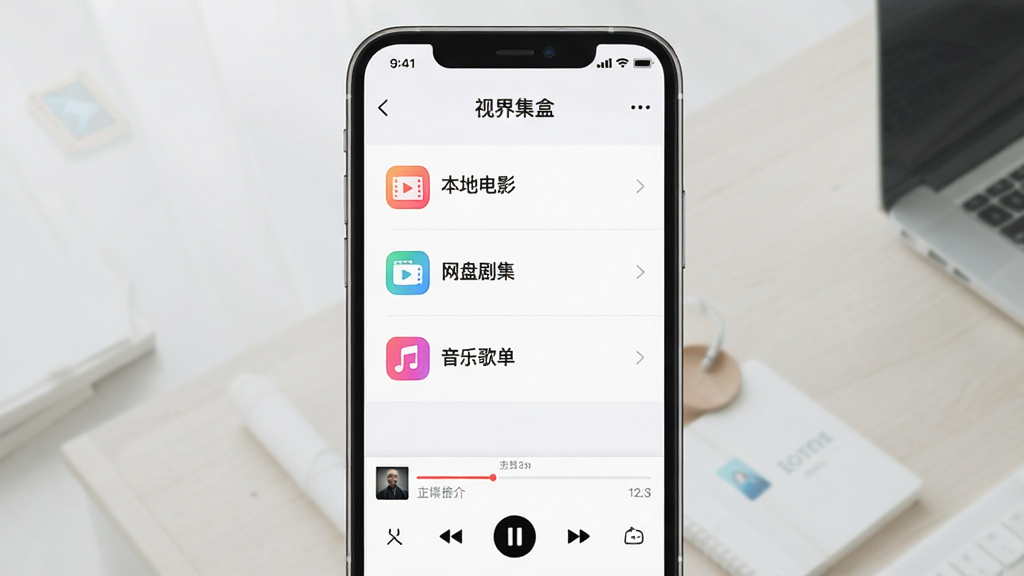 һ�š��ӽ缯�С���Ӧ�ò����б��Ĺ���չʾͼ���������ֻ����棬�����б�ҳ�������ʾ���б����С����ص�Ӱ���������̾缯���������ָ赥���ȶ�����飬ÿ������ǰ�в�ɫͼ�꣬�ײ������ڲ��ŵĽ������Ͳ��ſ��ư�ť���������ǳɫ���⣬������������ƽ�����ϸ�ڷḻ�����ʸɾ�