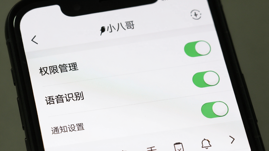 ��������Ϊ��С�˸硱APP�����ý��棬�ֻ���Ļ��ʾ��Ȩ�޹�������������ʶ�𡱡���֪ͨ���á���ѡ��������б�����������Ϊ��ɫ������࣬ϸ�ڰ���ÿ��ѡ���Ҳ�Ŀ��ذ�ť�����ʸɾ����޶���Ԫ�ء�