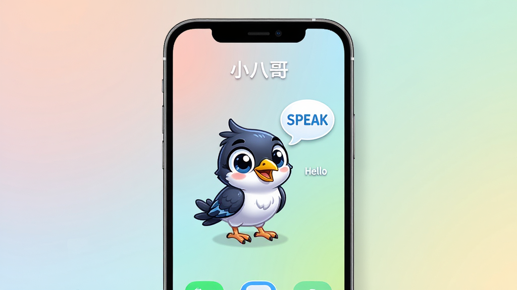 ��������Ϊ��С�˸硱APP���������棬һ�������ֻ���Ļ������ʾһֻ�ɰ��İ˸���ͨ�����Ա����жԻ����ݺ�Ӣ�ĵ��ʡ�SPEAK�����������ֻ����У�����Ϊ��͵Ľ���ɫ�������Ű��࣬������»��ã�ϸ�ڰ���ͼ����Ӱ�������еġ�Hello�����������ʸ���ɾ����޶���Ԫ�ء�