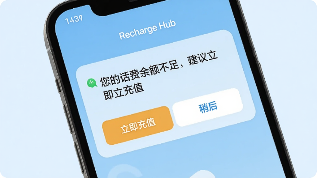 չʾRecharge Hub���������ѹ��ܣ��ֻ���Ļ��ʾһ��֪ͨ��Ϣ������Ϊ�����Ļ������㣬����������ֵ�����·��С�������ֵ���͡��Ժ�������ť������Ϊǳ��ɫ���������࣬�������������ʸɾ���
