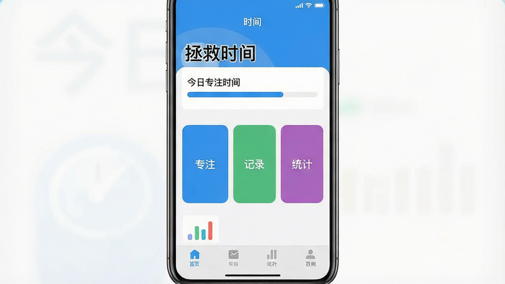 һ���ֻ���Ļ��ͼ��չʾ������ʱ�䡱App�������棬���岼�ּ�࣬�Ϸ���ʾ����רעʱ����������������м��Ǽ�����ɫ�鰴ť�ֱ��ע��רע������¼����ͳ�ơ����ײ�Ϊ��ɫ������������ִ���ƽ��������ɫ�����ʸɾ����޶���Ԫ��